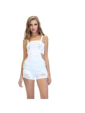 White Distressed Denim Overalls Adjustable Straps Stretchy Soft